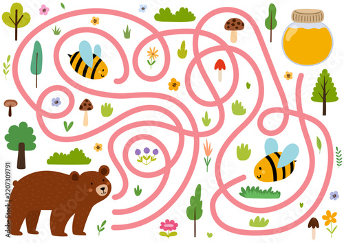 Help the hungry bear reach the honey jar maze game. Activity page with cute forest character for kids. Vector illustration