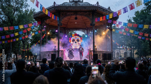 Vivid Day of the Dead live performance featuring colorful skeleton dancers on an outdoor pavilion stage, surrounded by papel picado banners, dramatic lighting, festive decorations and audience