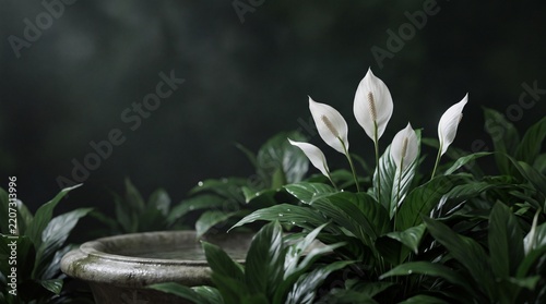 White peace lily flowers with glossy green leaves beside a weathered stone bowl in a dark moody garden, serene botanical scene after rain shower