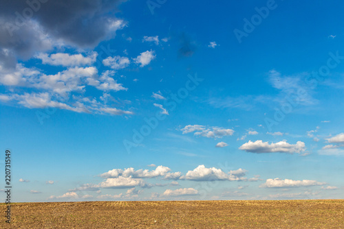 A field with blue sky and clouds