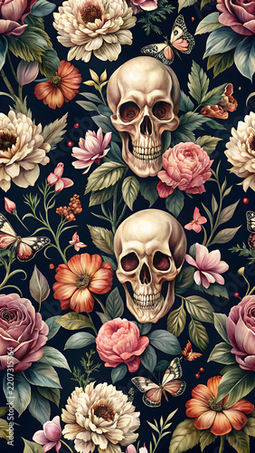 A seamless pattern featuring human skulls, colorful roses, and butterflies on a dark background, creating a gothic and botanical floral isolated on a transparent background