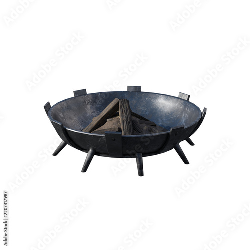 Black metal fire pit bowl with stacked firewood isolated on white background.