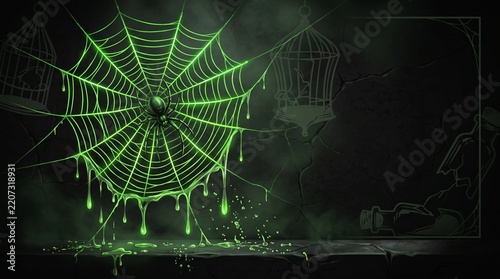 Glowing Green Spider Web with Poisonous Slime on Dark Halloween Background