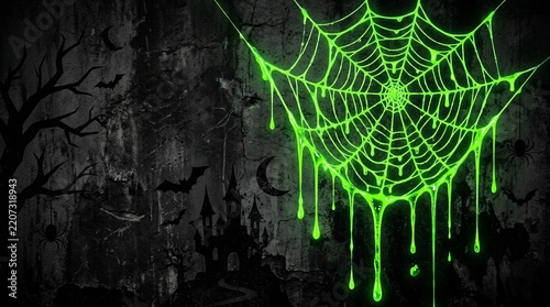 Glowing Green Spider Web with Poisonous Slime on Dark Halloween Background