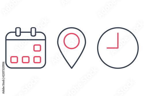Minimalist lifestyle contact icons pack. Elegant linear schedule, time and location symbols in outline style