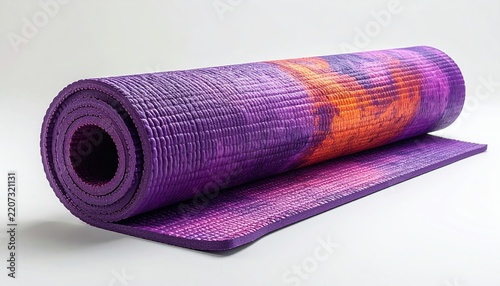 commercial rolled yoga mat on white background, ecommerce style