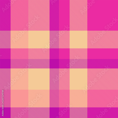 A vibrant tartan plaid pattern featuring bold magenta, soft peach, and purple hues.
