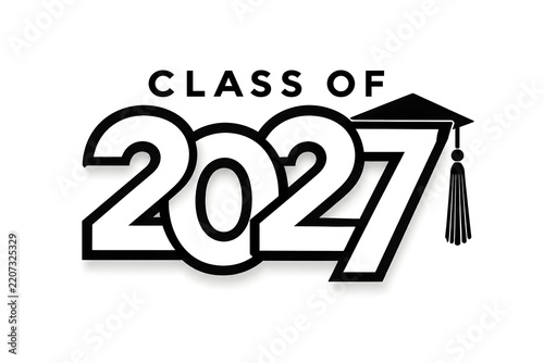 Class of 2027 lettering text graphic design with graduation cap vector illustration on white
