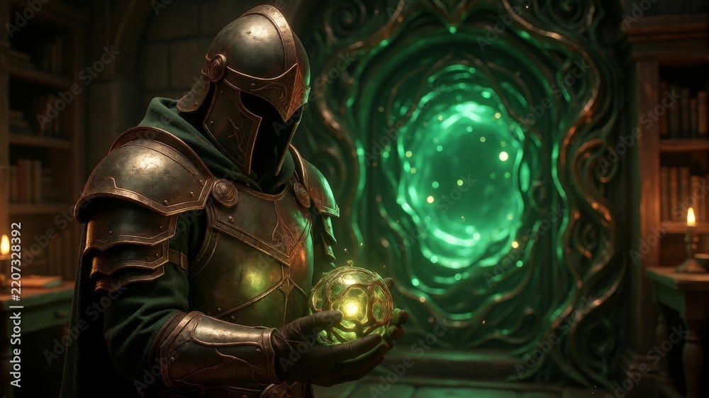 Fototapeta premium Armor-clad figure stands before glowing portal