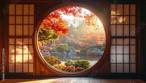 Obraz w ramie 円窓から眺める鮮やかな紅葉の日本庭園と池の風景 木枠の障子越しに差し込む柔らかな光と紅葉のコントラストが美しい静かな和の空間の背景素材 旅行パンフレットや旅館の広告、情緒あるWebサイトのバナー、カレンダーのデザイン、SNS投稿のメインビジュアル、プレゼン資料の表紙、情緒的な季節の挨拶状やポスターなどの幅広い用途に活用できる和風デザイン