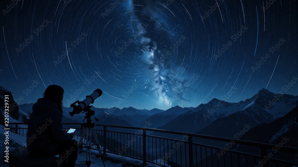 Fototapeta premium Astronomer Observing Star Trails Over Mountain Range