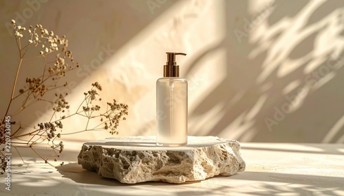 Facial cleanser bottle on cream stone surface, soft morning light, skincare routine concept, elegant setting