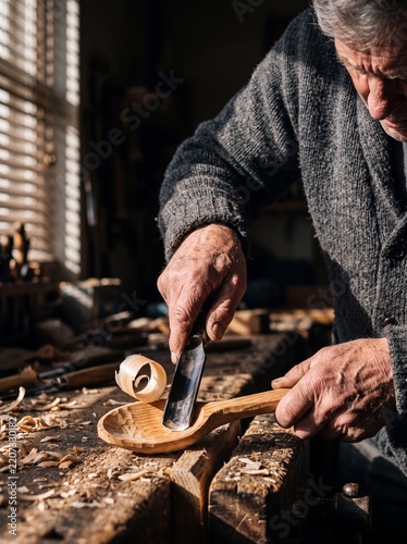 Senior craftsman carving a handcrafted wooden spoon with a gouge chisel at a rustic workbench in his workshop
