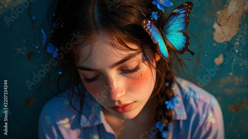 Close-up portrait of serene young woman with blue butterflies and floral braids