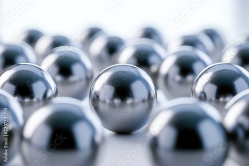 Shiny metallic spheres arranged in a pattern with one sphere prominently standing out in the center against a soft blurred background