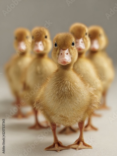 Portrait of a group of fluffy yellow ducklings standing in a line with a sharp focus on the foremost chick in a neutral soft background setting