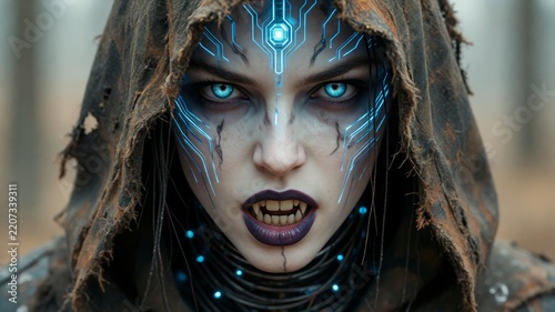 Cyberpunk Vampire Woman with Glowing Neon Facial Circuits