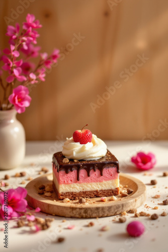 Delicious layered dessert with chocolate glaze, whipped cream, and cherry on wooden plate surrounded by pink flowers and nuts, cozy setting