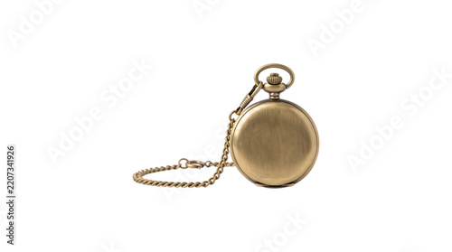 A classic vintage brass pocket watch with a chain on a white background.