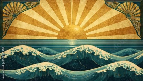 Gilded art deco ocean sunrise behind rolling waves