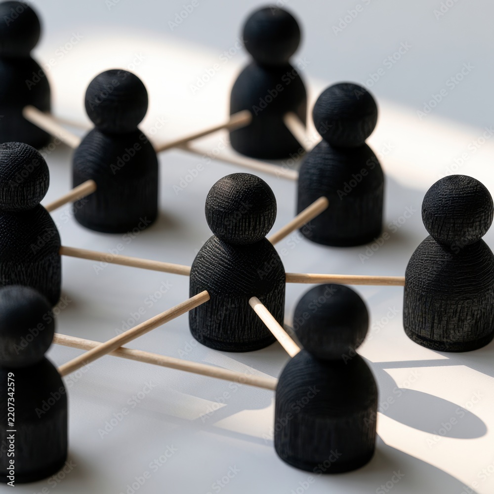 Obraz premium Black wooden figurines connected by sticks on white surface symbolizing teamwork, networking, and interconnected social relationships concept in soft natural li