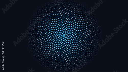 Abstract blue halftone pattern background, glowing radial dot texture vector, futuristic digital spiral graphic for tech wallpaper and web design