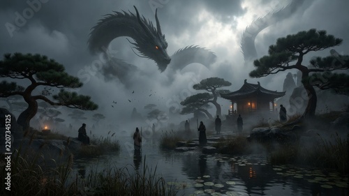East Asian Mountain Landscape with a Massive Dragon and Pagoda in Mist