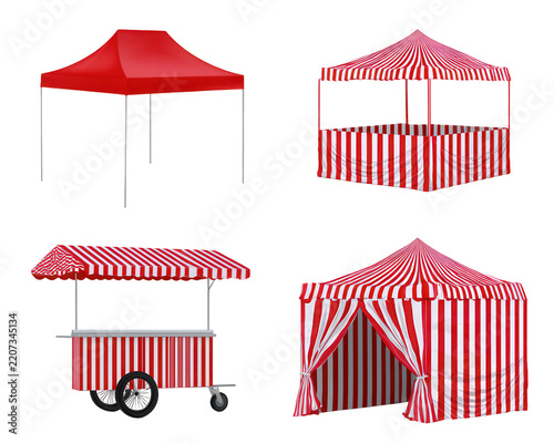 Collection of red and white market stalls and event tents on transparent background