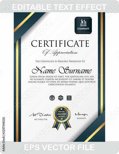 Sleek Dark Teal and Gold Diagonal Frame Vertical Certificate