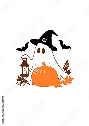 Spooky Ghost Holding Lantern with Pumpkin Vector Graphic for Halloween