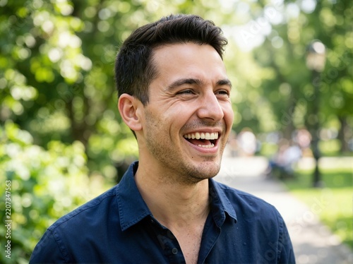 Close up portrait of young man laughing in sunny park. Happy male enjoying outdoor leisure time. World Smile Day concept