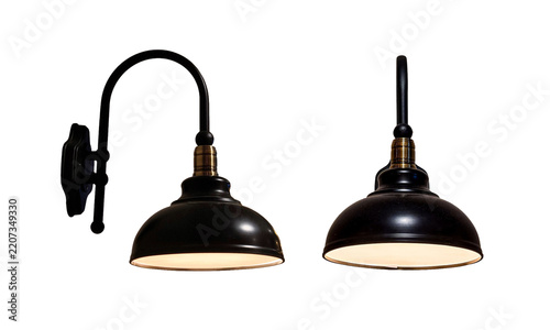 Vintage black industrial wall sconce lamp set with gooseneck arm in different angles side and front view isolated on transparent background PNG