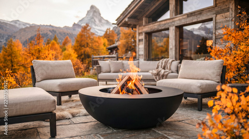Elegant mountain chalet terrace with contemporary outdoor seating around a fire pit