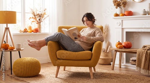 Cozy Autumn Interior with a Young Woman Relaxing in a Yellow Armchair Reading a Book and Enjoying Fall Decor