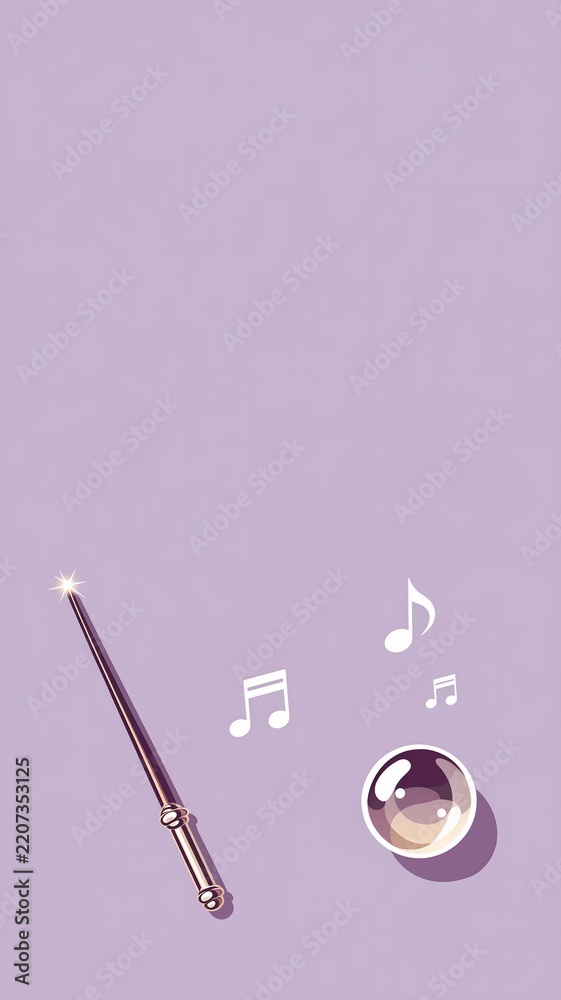 Obraz premium Flat vector magic wand with glowing star tip, floating music notes and glossy crystal orb on lavender background, minimal fantasy design for marketing and apps