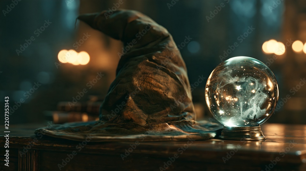 Fototapeta premium Worn pointed wizard hat beside glowing crystal ball with swirling mist and stars on vintage wooden desk, warm bokeh light, mystical magic study room setting