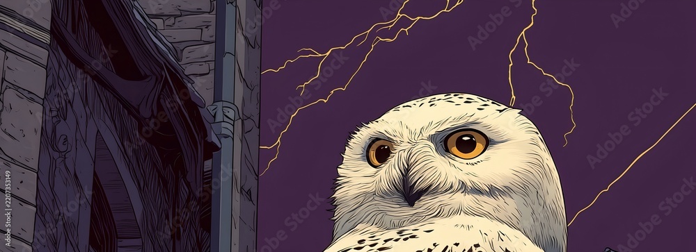 Fototapeta premium Comic style close up of white snowy owl with amber eyes, golden lightning bolts across purple sky beside dark castle stone wall, fantasy storytelling art