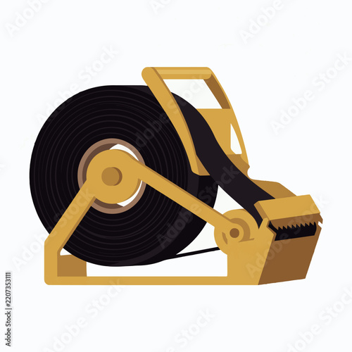 Yellow tape dispenser with a large roll of black tape on a white background
