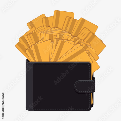 Black leather wallet overflowing with many golden credit cards and debit cards symbolizing wealth and financial abundance