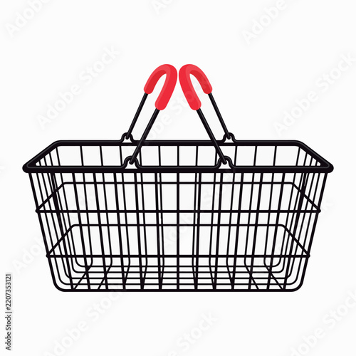 A black wire shopping basket with red handles on a white background
