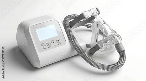 CPAP Machine and Nasal Mask Setup for Sleep Apnea Therapy, 3D Rendered Medical Equipment on White Background