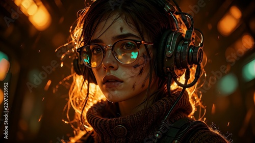 Futuristic girl with goggles and tech gear, focused and intense