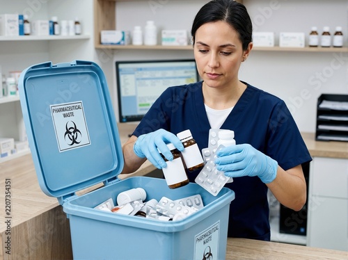 Healthcare worker sorting hazardous pharmaceutical waste. Female nurse disposing expired medications into collection container