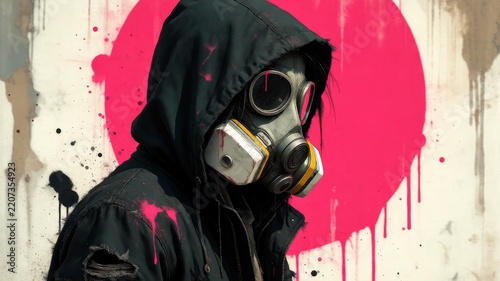 Gas mask person in urban decay setting