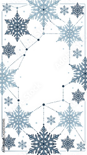 Snowflake frame illustration with blue crystals and geometric constellation design