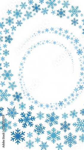 Blue snowflakes swirling in a festive winter background design with white copy space