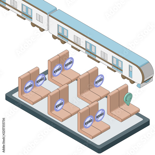 オンラインでの電車の座席予約をイメージしたアイソメトリックイラスト