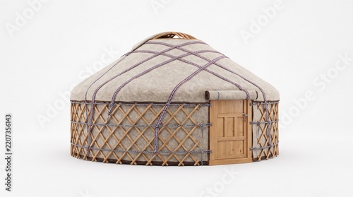 Traditional nomadic yurt tent featuring wooden lattice walls and canvas roof covering on white background