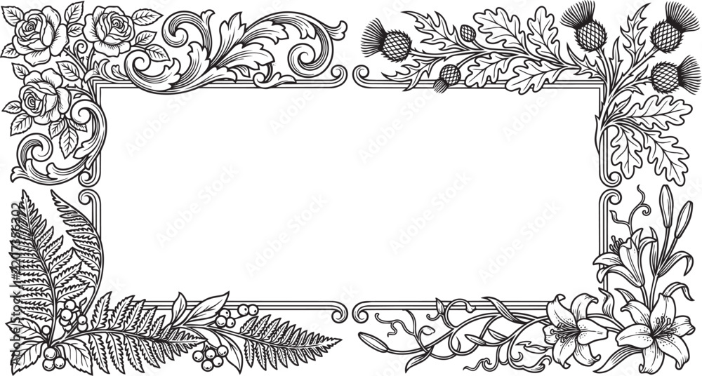 Obraz premium Rectangular decorative frame with detailed floral corners featuring roses, thistles, lilies, and ferns, black and white