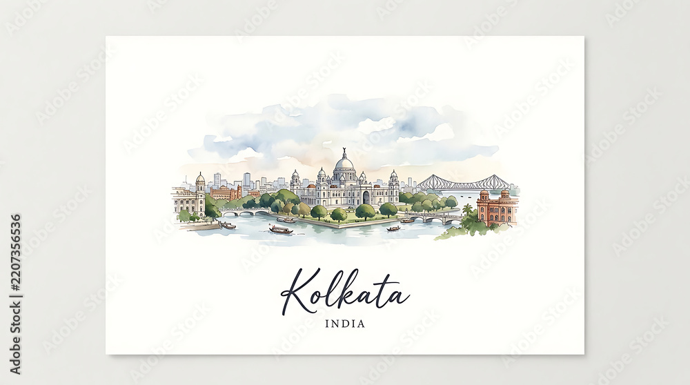 Obraz premium Watercolor depiction of Kolkata's iconic cityscape featuring historic architecture and bustling river scene capturing the